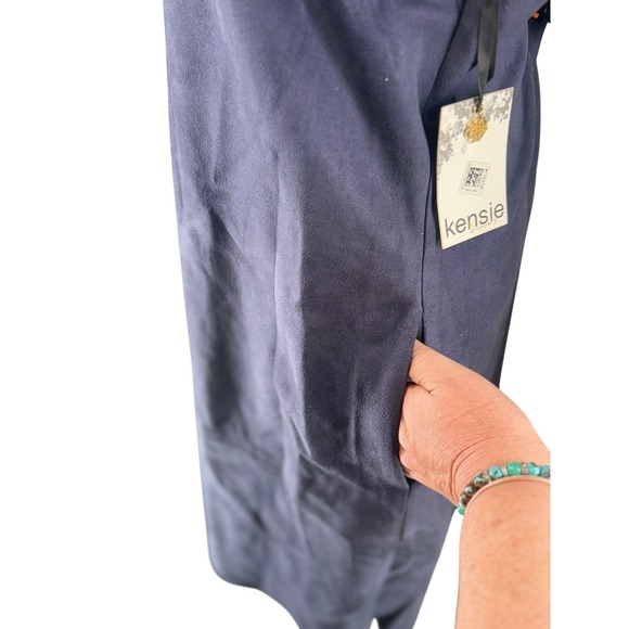 Kensie Faux Suede Shift Dress Women 14 Navy Blue Gold Zipper Front Pockets NWT - Picture 5 of 11